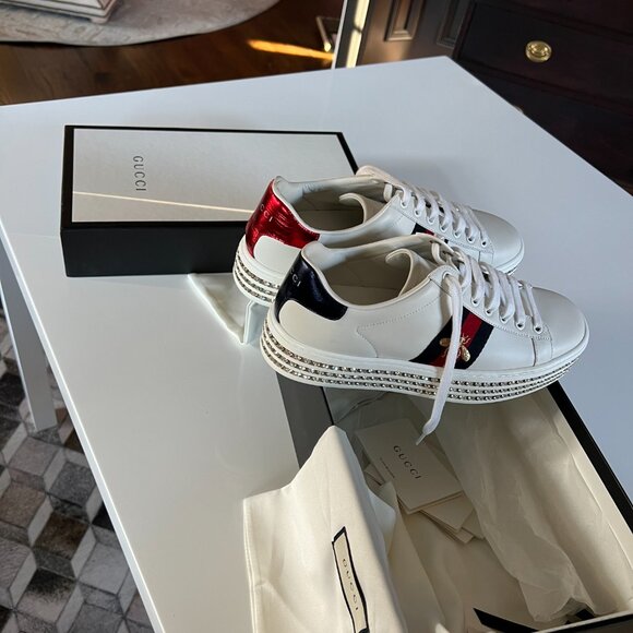 Gucci White Leather Crystal Studded Ace Lace Up Sneakers Size 38 - Picture 7 of 11